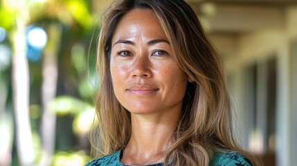 A woman with brown hair and a green shirt is smiling. She has a tan complexion and is wearing a green shirt