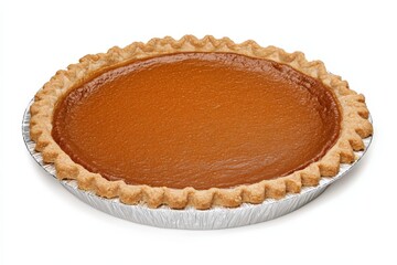 Baked pie in tin, pumpkin filling, food photography, isolated, suitable for ads.