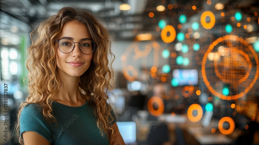 Poster a woman with curly hair and glasses is standing in front of a wall of colorful circles. the circles 