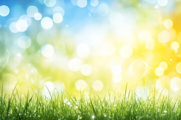 Fototapeta premium Bright and Cheerful Abstract Background of Blurred Green Grass with Glittering Bokeh for Nature, Landscape, and Outdoor Themes in a Warm Summer Atmosphere