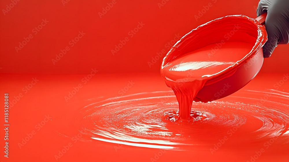 Poster vibrant red paint being poured from container into smooth surface, creating ripples and a glossy fin