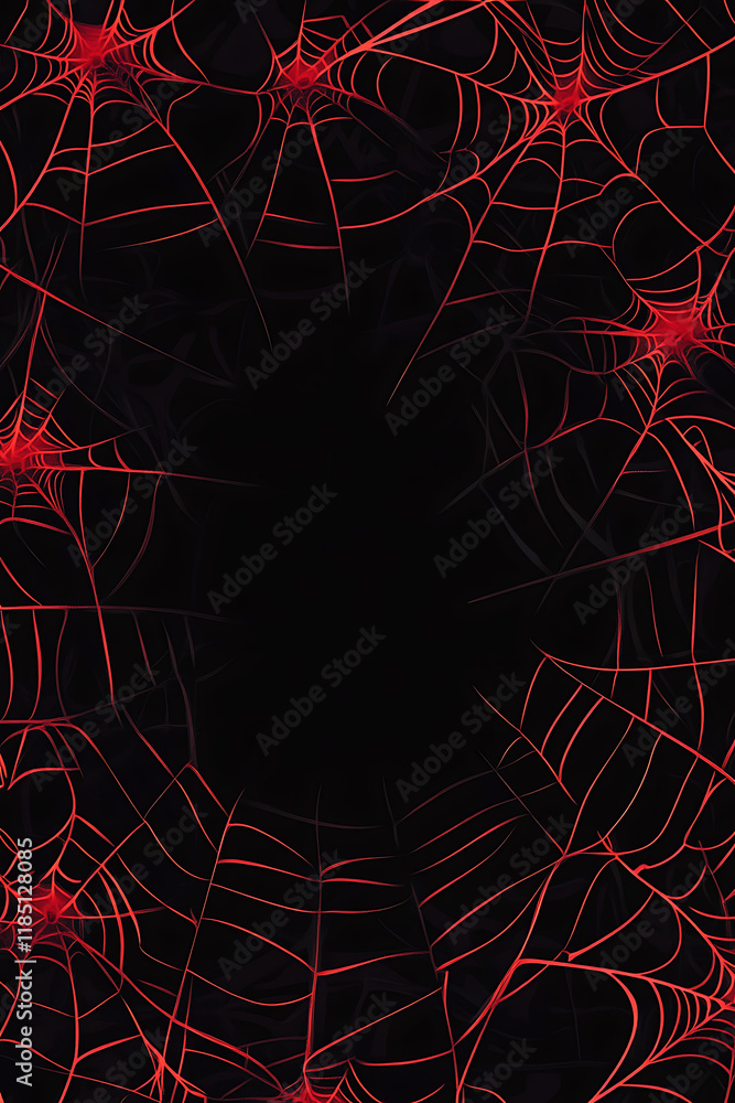 Poster a dark background adorned with intricate red spider webs, creating a spooky atmosphere.