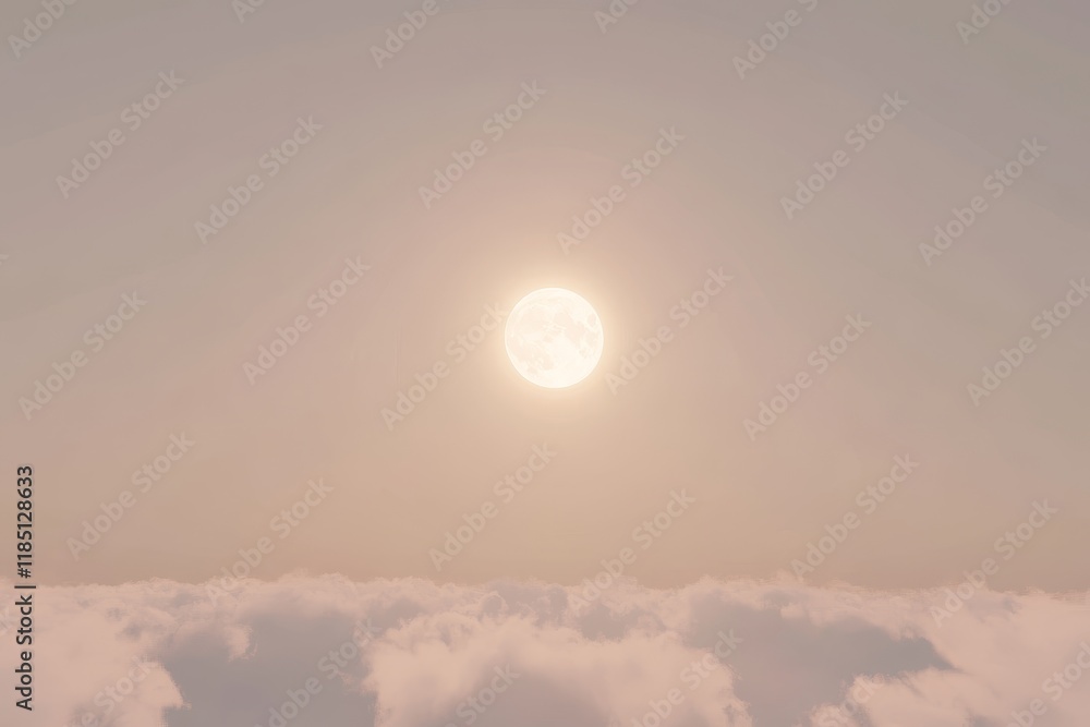 Poster bright full moon over soft clouds in a tranquil sky at dusk with a gentle glowing horizon, creating 