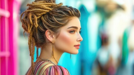 A woman with dreadlocks and a necklace is standing in front of a blue wall. She has a smile on her face and looks confident