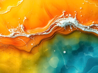 The image is an abstract representation of a wave crashing on a beach. A mixture of oil and water....