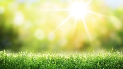 Obraz premium Bright Sunlight Illuminating Fresh Green Grass in a Beautiful Natural Setting with a Soft Bokeh Background Creating a Peaceful and Serene Outdoor Atmosphere