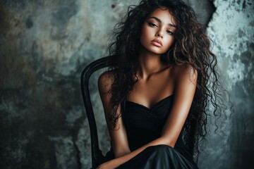 Gorgeous calm mixed-race girl - for ads, drive poster and social platforms use. Commercial ad campaign idea artwork. Long coiffure - curly hair. African elegance artistic concepts.