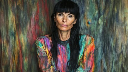 A woman with long black hair is wearing a colorful shirt and standing in front of a colorful wall