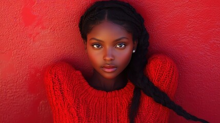 A woman with long hair and a red sweater is posing for a picture. The image has a warm and inviting mood, with the woman's smile and the bright red sweater creating a sense of comfort and happiness
