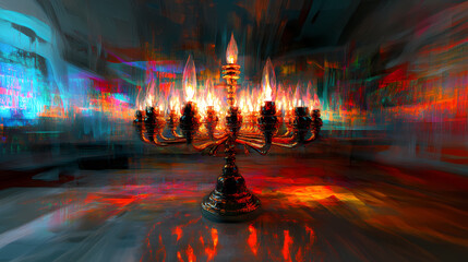 Hanukkah menorah on jewish traditional festive table. neural network ai generated art. Skysilver. Illustration