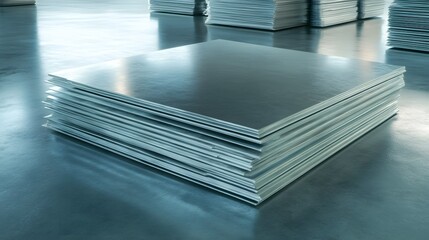 Obraz premium Stacked Metal Sheets in a Warehouse Setting with Reflections on Smooth Surface, Highlighting Industrial Materials and Manufacturing Processes