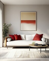 Modern living room, minimalist decor, white sofa, abstract wall art, geometric shapes, warm color palette, large window, natural light, wooden floor, potted plant, coffee table, throw pillows, cozy at