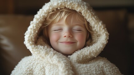 A young child is wearing a white hooded jacket and smiling. The child appears to be happy and content