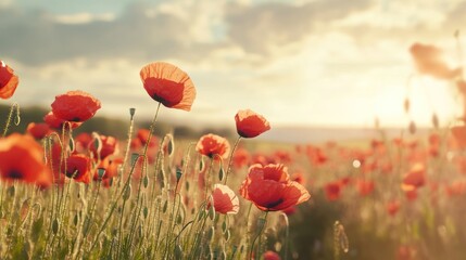 Obraz premium A field of red poppies swaying gently in the breeze at sunset.