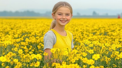 Fototapeta premium A young girl is standing in a field of yellow flowers. She is smiling and looking at the camera. The scene is bright and cheerful, with the sun shining down on the flowers and the girl