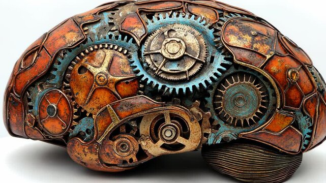 Steampunk design features intricate gears and cogs arranged in brain sculpture showcasing creativity and craftsmanship