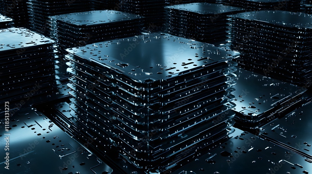 Poster abstract image of stacked metal plates with reflective surfaces in a dark environment, creating a fu