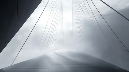 A misty path leading towards a bright light through a futuristic, geometric structure.