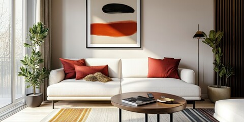 Modern living room, minimalist interior design, white couch, colorful throw pillows, vibrant red and orange abstract artwork, framed wall art, round coffee table, potted plant, neutral walls, natural 