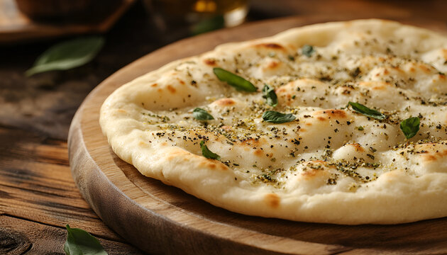 Manakeesh, arabic pizza, flat bread topped with zaatar spices close up. Homemade mediterranean flat bread manakish for breakfast