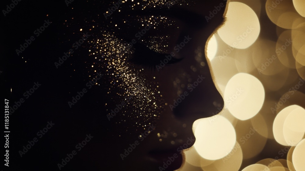 Poster close-up of a woman's profile with sparkling glitter on skin, surrounded by soft bokeh lights, creat