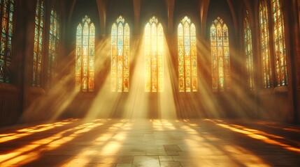 Radiant Light Shining Through Colorful Stained Glass Windows in an Elegant Gothic Style Interior with Warm Atmosphere and Enchanting Rays of Sunlight