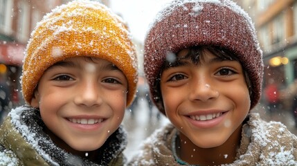 Two young boys wearing hats and smiling in the snow. Scene is cheerful and playful