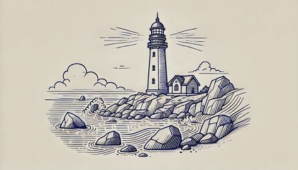 Line-art of a lighthouse standing tall on a rocky shore, with waves crashing against the rocks.