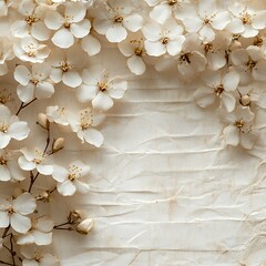 White Blooming Flowers Scattered on Textured Beige Background Create a Soft and Elegant Natural Display for Decoration or Design Inspiration