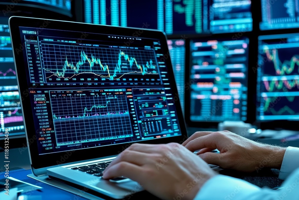 Poster close-up of hands typing on laptop while analyzing stock market data on multiple screens with financ