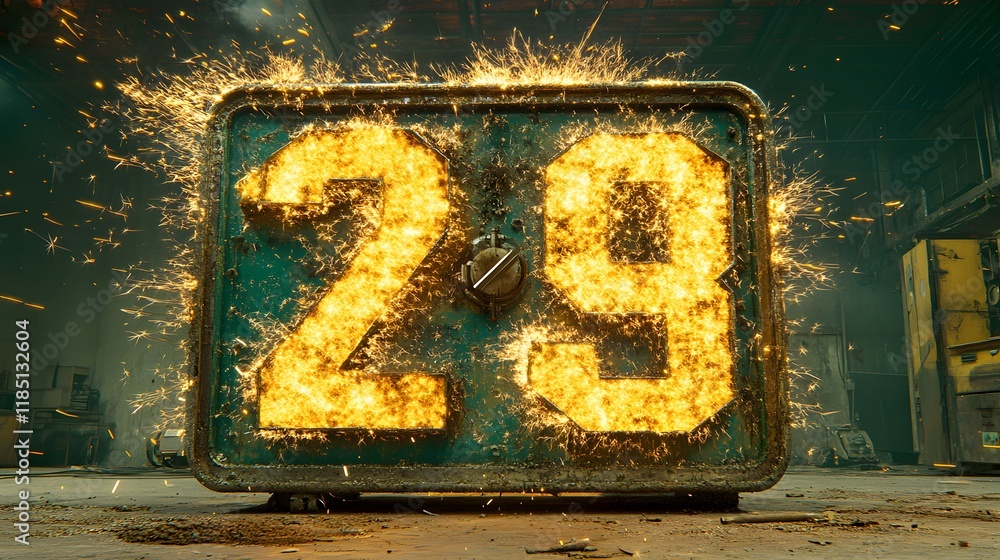 Poster glowing sparkling number 29 in industrial setting surrounded by bright sparks and flashes creating a