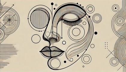Abstract line-art face with overlapping geometric shapes and elegant curves.