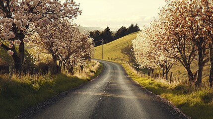 Fototapeta premium Rural countryside road lined with cherry trees under a bright blue sky