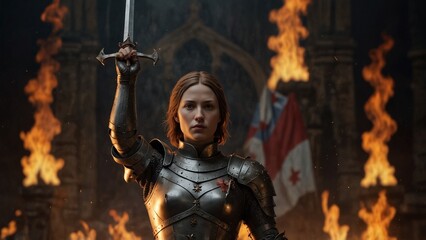A dynamic wooden carving of Joan of Arc, depicted with a sword raised high, surrounded by flames and French flags, wearing her medieval armor.