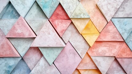Colored background: textured stone triangles in pastel colors. Concept of artificial and natural decorative materials