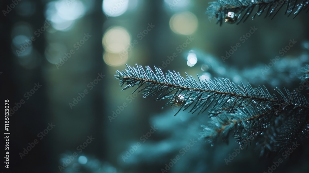 Poster close-up view of dewy evergreen pine needle in soft focus background with gentle bokeh highlights, c