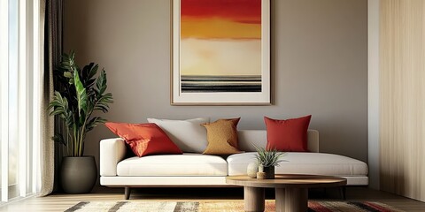 Modern living room, minimalist interior design, white couch, colorful throw pillows, vibrant red and orange abstract artwork, framed wall art, round coffee table, potted plant, neutral walls, natural 