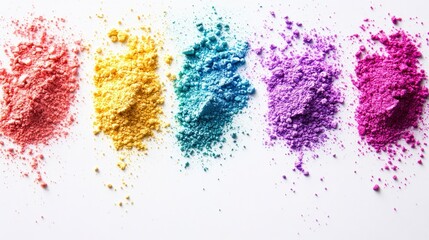 Top view of colorful traditional Holi powder isolated on white background, copy space. Indian cultural Holi gatherings