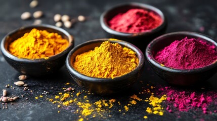 Side view of colorful traditional magenta and yellow colorful powder in bowls on dark background. Concept of Indian color festival Holi. Holi bonfire Holika Dahan