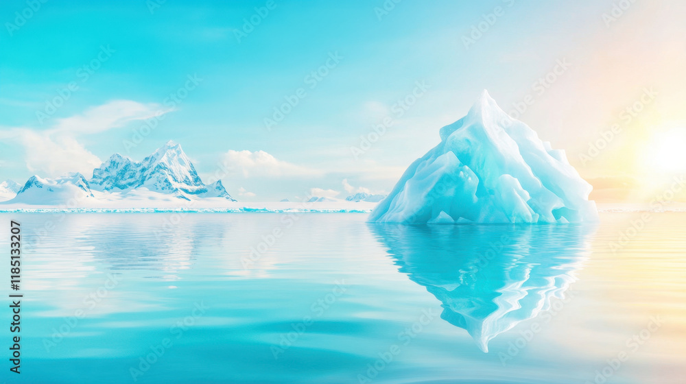 Poster truncated, close-up image of a serene, truncated iceberg floating in water, showcasing its unique sh