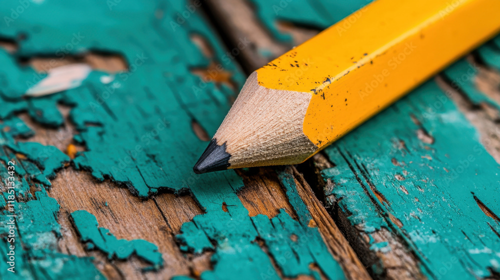 Poster truncated, a close-up of a truncated pencil resting on a rusty surface, showcasing texture and detai