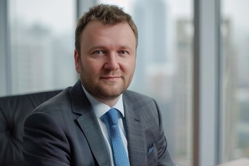 Fototapeta premium Businessman in a tailored suit and tie sitting at an office desk with a window view behind him
