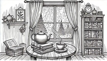 Fototapeta premium Line-art of a cozy indoor scene with a steaming cup of tea on a table, a stack of books, and a window showing raindrops outside. Generative ai