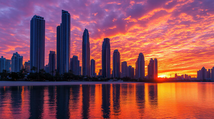 Fototapeta premium Sunset Silhouettes of Majestic Steel and Glass Skyscrapers Reflecting Vibrant Orange and Pink Hues, Showcasing the Interplay of Human Achievement and Nature’s Beauty