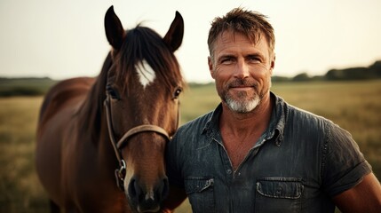 Fototapeta premium Rancher stands proudly beside his loyal horse on the open prairie