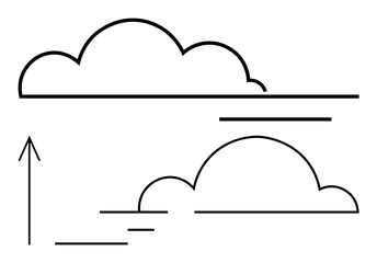 Two abstract cloud shapes with line accents and an upward-pointing arrow. Ideal for growth, progress, forward-thinking, direction, weather concepts, optimism, and goal setting. Line metaphor