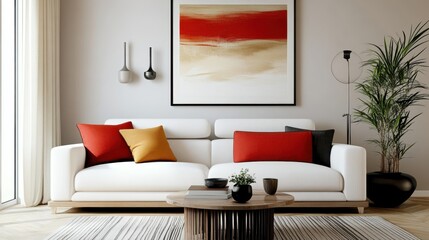 Modern living room, minimalist interior design, white couch, colorful throw pillows, vibrant red and orange abstract artwork, framed wall art, round coffee table, potted plant, neutral walls, natural 