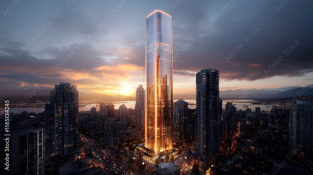Aufkleber truncated, a futuristic skyscraper design featuring a truncated top and glowing elements, ideal for 