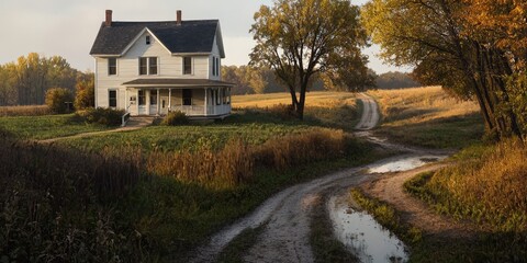 Obraz premium White house with road in field at sunset in autumn use for real estate ads.