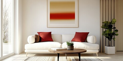 Modern living room, minimalist interior design, white couch, colorful throw pillows, vibrant red and orange abstract artwork, framed wall art, round coffee table, potted plant, neutral walls, natural 